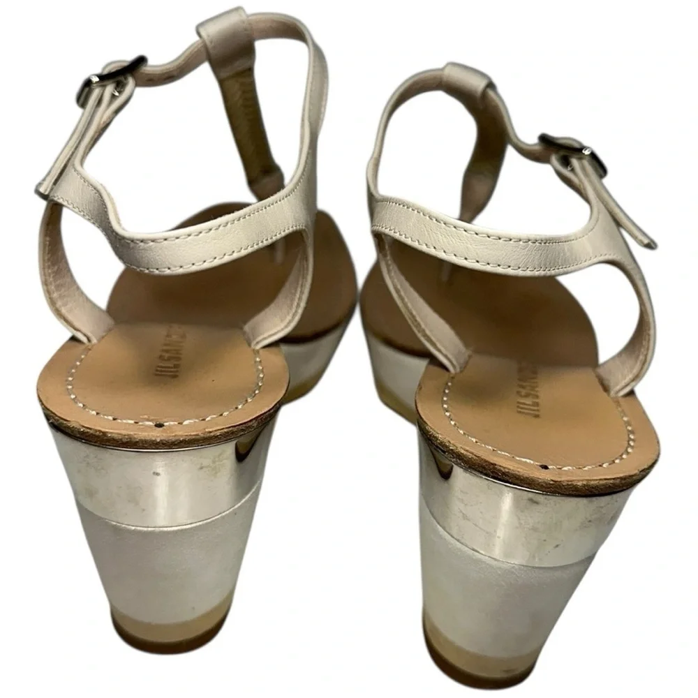 Jil Sander Women’s 37 7 White Tan Metallic Gold Roped T-Strap Platform Sandals